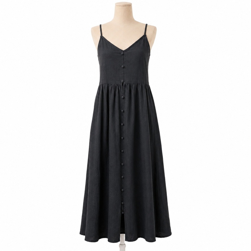 100% Cotton Cutout Back Button Maxi Dress Size XL Black Coastal Beach Resort